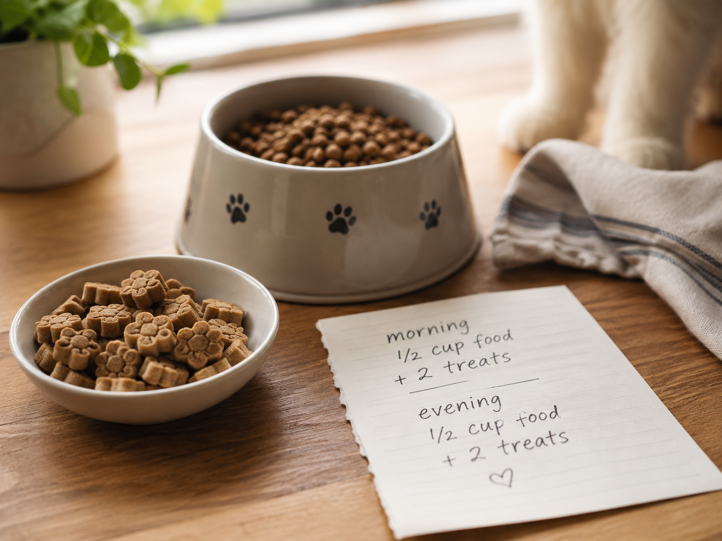 Pet treats beside a food bowl and a simple handwritten feeding note